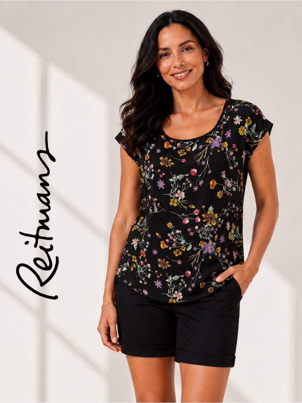 Reitmans Black Floral Mixed Media Blouse Relaxed Fit | Medium